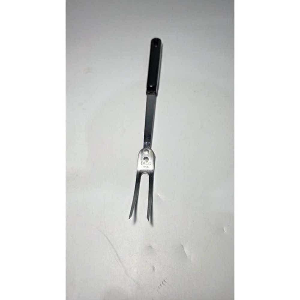 Vintage Ekco Chromium 2 Tine Meat Fork Black Textured Handle 12" Long USA